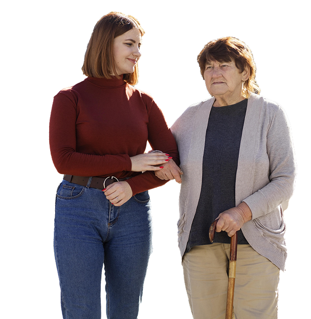 A woman supporting elderly lady with walking stick – Community care and Home Care services by Bright Community Care Australia.